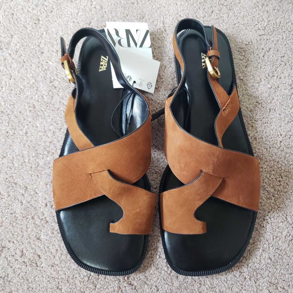 Zara Nwt Suede Leather Slide Strappy Sandals Toe Loop Metal Buckle Sz 6.5 Brown - Picture 12 of 13